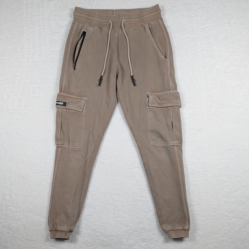 YoungLA Pants Mens Medium Beige Cargo Joggers Sweatpants Pockets Athletic Gym